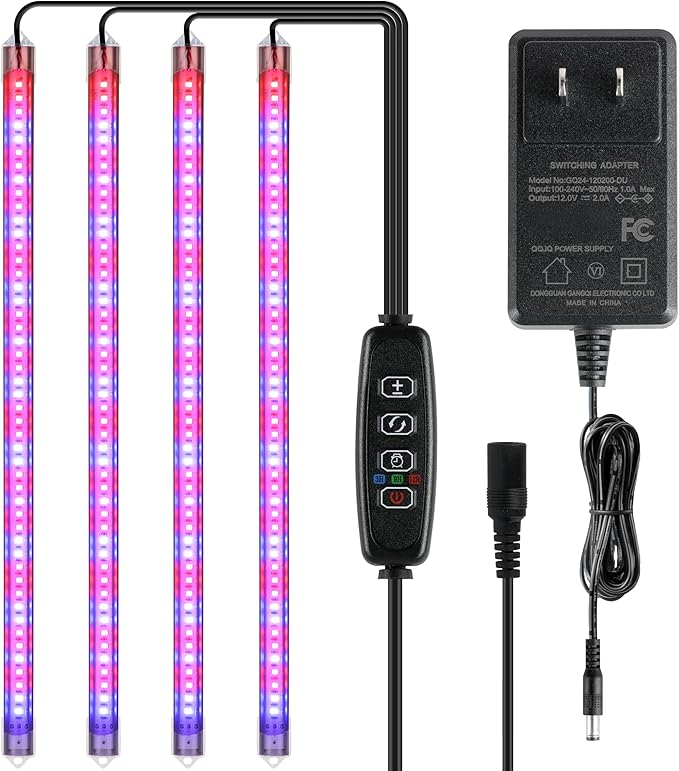 iPower LED Plant Grow Light Strips Full Spectrum with 3 Timing Modes, 10 Dimmable Levels 48 LEDs Per Tubes, Sunlike Grow Lamp for Hydroponics Succulent, 4 Tubes, Red & Blue