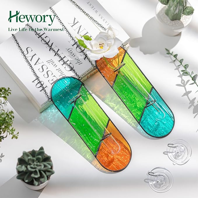 Hewory Stained Glass Plant Propagation Hanging 2 Pcs Propagation Station Planters for Window Wall Decor - Unique Hydroponic Propagated Plant Holder for Kitchen Gifts for Mom