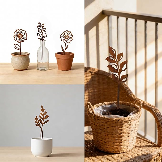 Rustic Metal Flowers, Decorative Flowers Plants Stakes Outside Art, Metal Garden Stakes Decorative Flower Bed Decor, Decorative Stakes Garden Art for Pots Vase Patio Lawn Yard Home Office