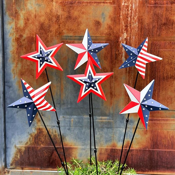 6 Pcs 4th of July Decorations Outdoor,22" Patriotic Metal Barn Stars Decorative Garden Stakes for Independence Day,Americana Patriotic Yard Signs Decor for Garden Lawn Porch