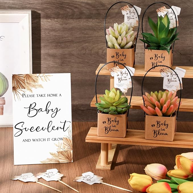 Geetery 101 Pcs Succulent Baby Shower Party Favors for Guests Include 1 Wooden Table Sign 50 Kraft Succulent Pots and 50 Tags for Baby Shower Party Gifts(Boho)
