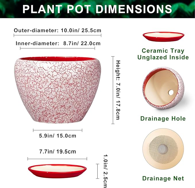 10 Inch Pots for Plants - Ceramic Planter Pots for Indoor Outdoor Plants, Decorative Planter with Drainage Hole and Saucer, Modern Flower Pot, House Decor, Plant Lover Gifts, Crackle Red