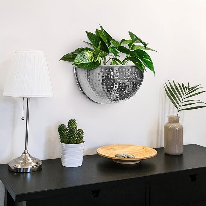 Allegorie Metal Wall Planter | Indoor or Outdoor Hanging Plant Pot | Farmhouse Decor & Boho Kitchen Decoration for Herbs & Succulents 12x7 (Silver)