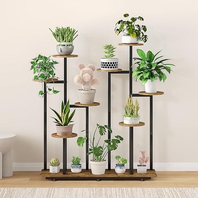 INGIORDAR Plant Stand Indoor Outdoor Corner Plant Shelf for Multiple Flower Pots Flower Stand Holder for Patio Garden Balcony Living Room (Black+Rustic Brown, 9 Tier)