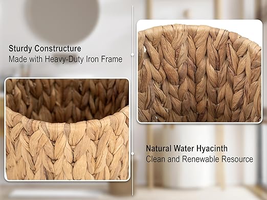 StorageWorks Wicker Waste Basket, Small Trash Can for Bathroom, Water Hyacinth Trash Basket for Office, Wicker Garbage Can for Bedroom, Round, 1 Pack