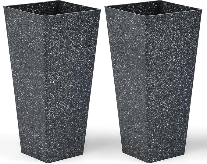 Autodaya 28" Plant Pots Tall Planters for Plants Outdoor Set of 2 Plastic Planter Pot Large Flower Pots Indoor Weather-Resistant for Patio, Porch, Garden, Front Door Christmas Decor Terrazzo Black