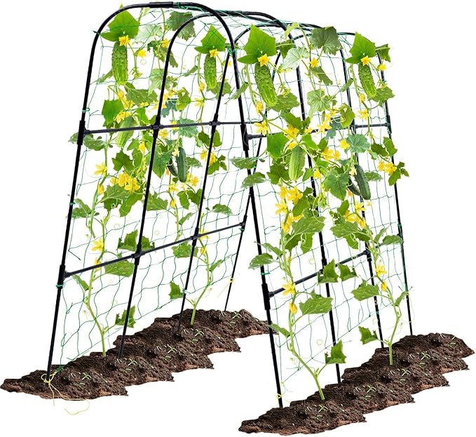 OTOSUNNY Garden Trellis for Climbing Plants Outdoor, Cucumber Trellis for Raised Bed Garden, Arch Trellis Support for Cucumbers Tomatoes Beans Peas, 50x48 inch, Metal Trellis with Netting, Black