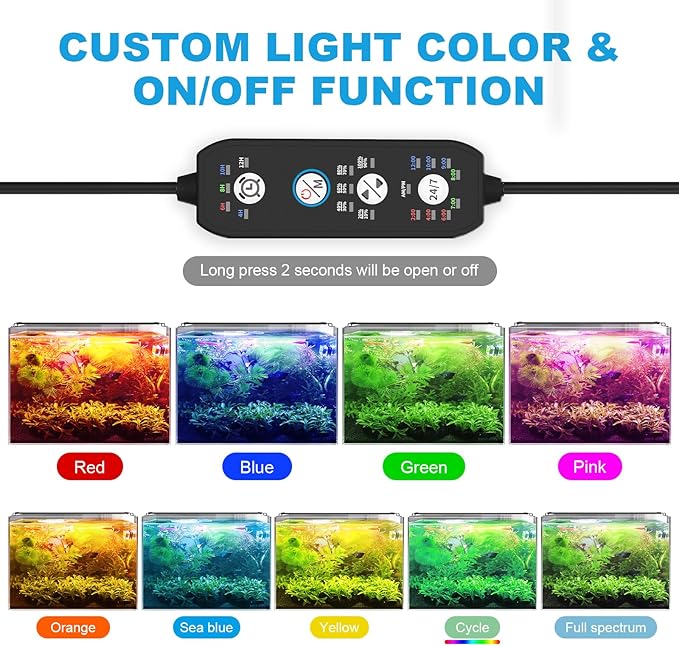 SEAOURA 24/7 Mode Led Aquarium Light for Plants Growth-Full Spectrum Fish Tank Light with Timer, Auto On/Off, 7 Colors, Adjustable Brightness, for 12 to 18 Inch Freshwater Tank