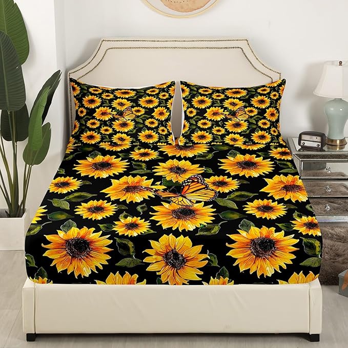 Feelyou Sunflower Bed Sheets Set Full Girls Yellow Floral Butterfly Sheet Set for Kids Women Bedroom Chic Flowers Pattern Bedding Set Botanical Nature Bedding Ultra Soft Twin Size with 2 Pillow Case