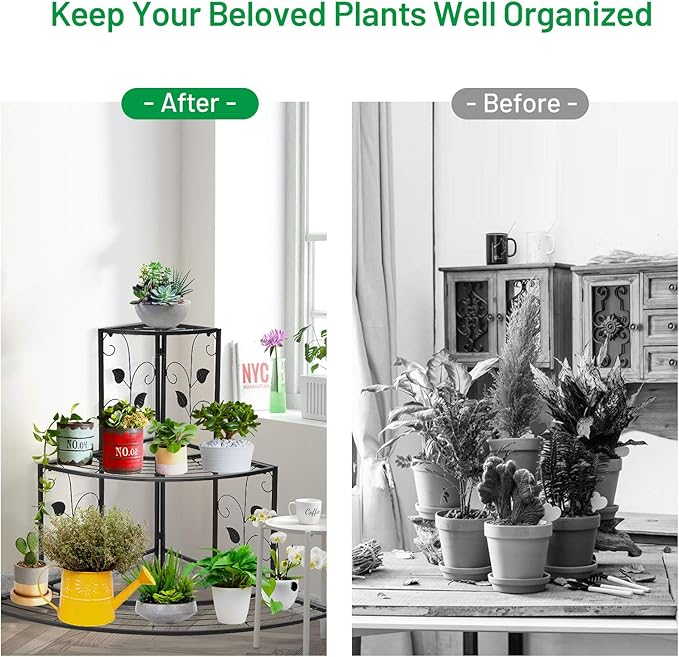 S AFSTAR Corner Plant Stand, 3-Tier Mental Plant Stand, Plant Flower Pot Display Rack, Pot Holder Shelf, Rustproof Ladder Potted Shelf, Outdoor Plant Stands for Patio Garden Yard Balcony (Black)