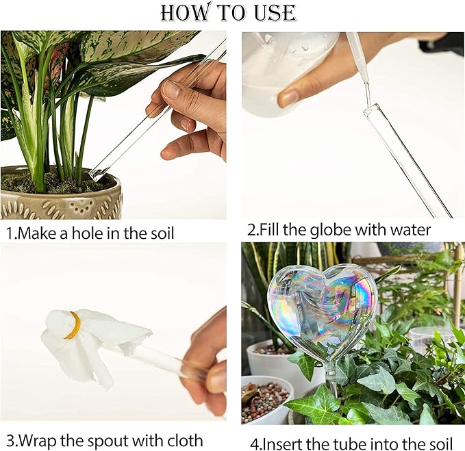 Kingbuy Self Watering Spikes Plant Watering Globes Iridescent Color Heart Shaped Glass Water Bulbs Devices for Plants, 2 Pack