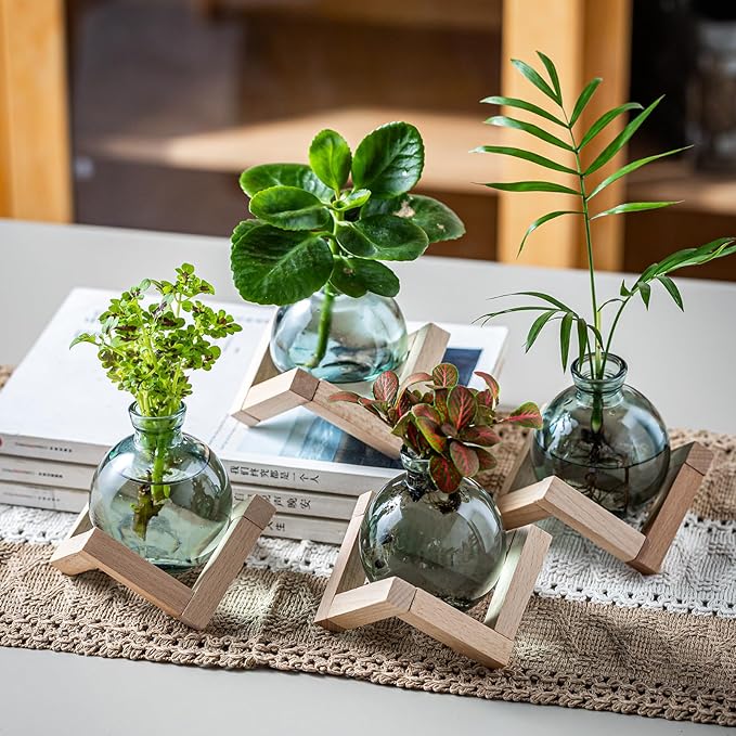 Plant Propagation Station, Plant Terrarium with Wooden Stand for Hydroponic Plant Propagation, Propagation Vases for Plants, Green Glass Bulb Vases for Home Office Decor (4)
