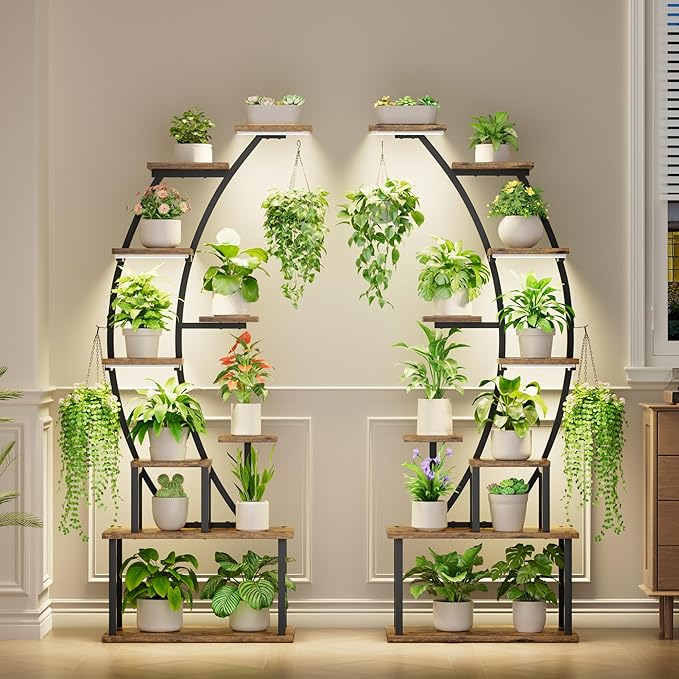 BACEKOLL Plant Stand Indoor with Grow Lights, 9 Tiered Metal Plant Shelf, 64" Tall Plant Stand for Indoor Plants Multiple, Large Plant Rack Display Shelf, Curved Plant Holder for Living Room, Patio