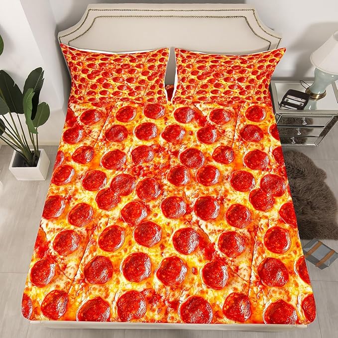 Feelyou Twin Bed Sheets Set for Kids Bedroom Decor Pizza Sheet Set Pepperoni Be Print Bedding Set Soft Lightweight Funny Delicious Pizza Theme Bed Cover with Flat Sheet, Fitted Sheet, Pillow Case