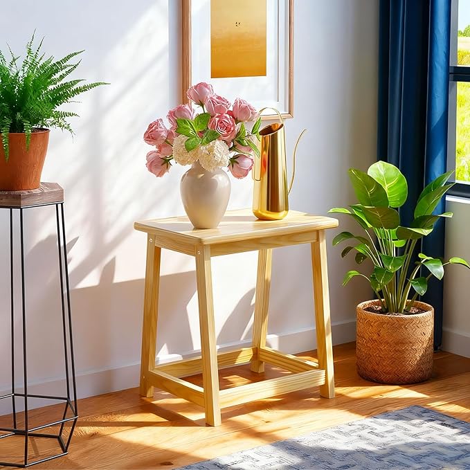 Wooden Step Stool Tall Seat Stool Dining Piano Stool End Side Table Wood Plant Stand Table Indoor Bedside Table Nightstand Flower Pot Stand for Living Room Bathroom Bedroom Kitchen (Natural)