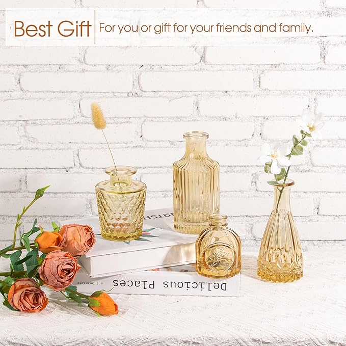 TBWIND Gold Amber Glass Bud Vases Set of 12, Small Vases for Flowers, Champagne Mini Vintage Vases for Centerpieces,Bud Vase in Bulk for Wedding Decor,Single Flowers,Office and Home Table Flower Décor