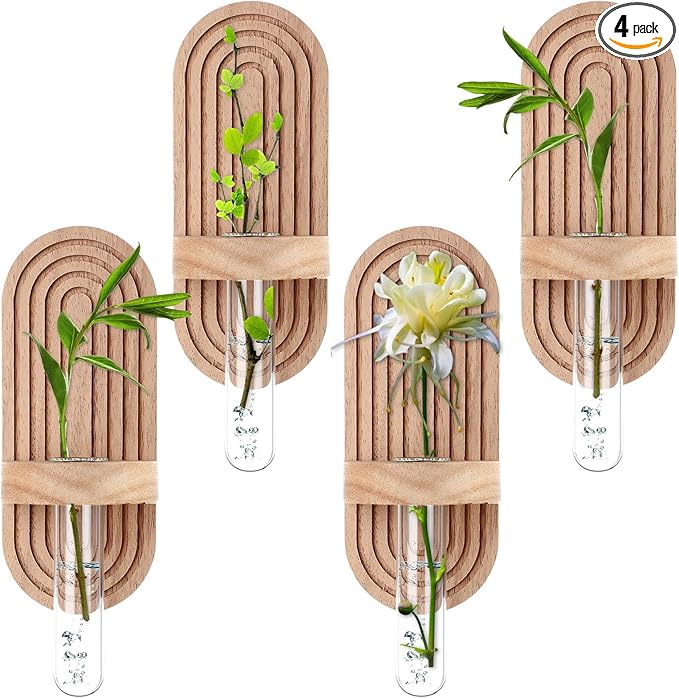 Beeveer 4 Sets Hanging Plant Propagation Stations Walnut Wood Wall Mounted Test Tube Vase Rustic Decorative Glass Planter Holder Gift for Women Plant Lover Hydroponic Flowers Home and Office Decor