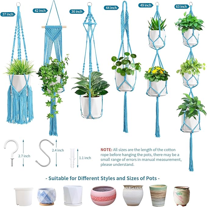 SFENNGPET Macrame Plant Hangers, 6Pack Hanging Planters for Indoor Plants w/ 6 Set Hangers Kit Handmade Macromay Plant Hangers Indoor Flower Pots Holder Stand for Boho Home Décor (POTS NOT Included)