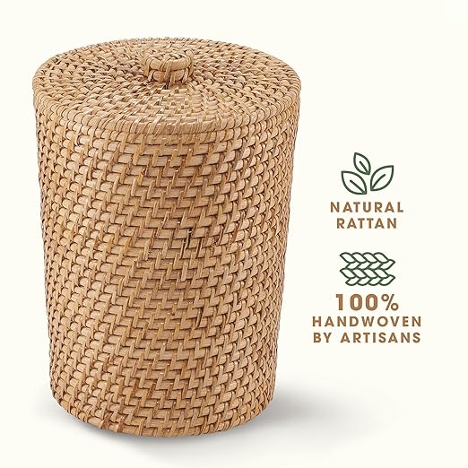 84ECO Wicker Trash Can with Liner and Lid - Rattan Trash Can - Wicker Waste Basket for Bathroom, Bedroom, Office - Rattan Waste Basket