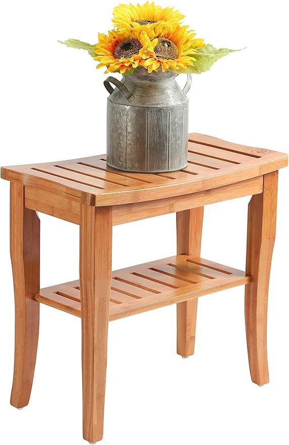 Bamboo Shower Bench - Small Wooden Shower Stool with Storage Shelf, Non-Slip Bathroom Seat, Spa Decor Bath Bench, Foot Rest Shaving Stool for Shower, Indoor Outdoor Use, Great Gift Idea (17" x 9 x 17)