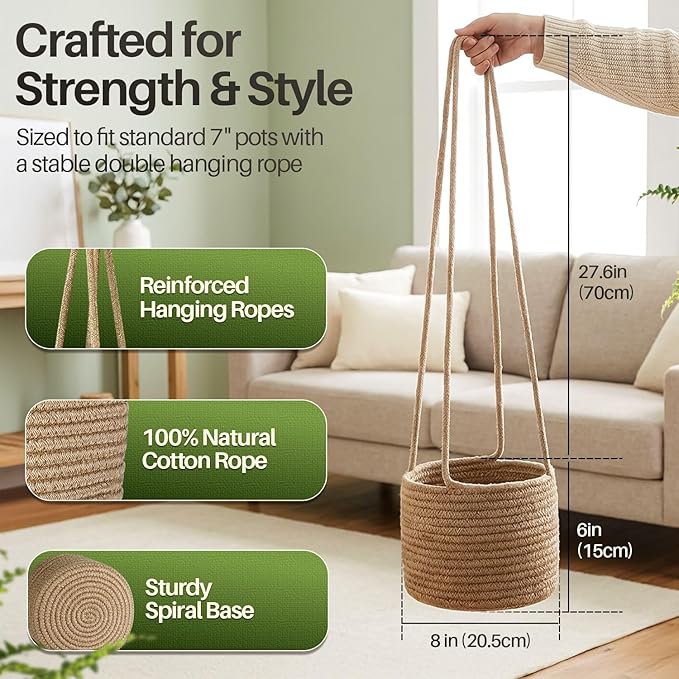 Flexzion Macrame Plant Hanger Basket for Indoor Plants - 8 Inch Jute Rope Planter Pot Cover, Woven Hanging Plant Holder Up to 7 Inch Pots, Boho Hanging Planters Home Decor Storage Organizer (Brown)