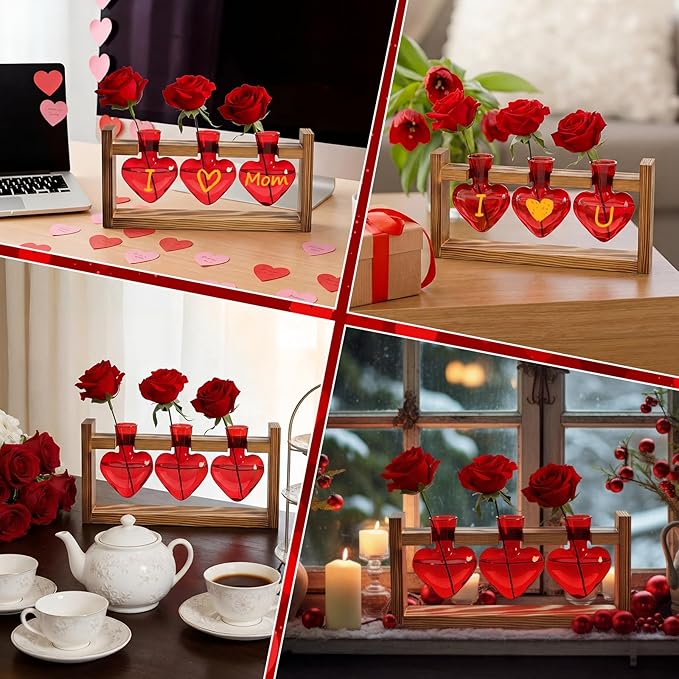 Remerry Red Heart Plant Terrarium with Wooden Stand 3 Heart Glass Vases Planter, Tabletop Propagation Hydroponics Station, Mother's Day Plant Lovers Gift