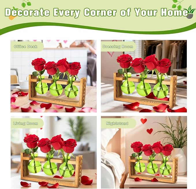 XXXFLOWER 3 Bulb Glass Propagation Station with Wooden Stand, Propagation Vase Propagated Plant Holders Tabletop Planter, Gardening Hydroponics Gift Home Office Indoor Decor (Green)