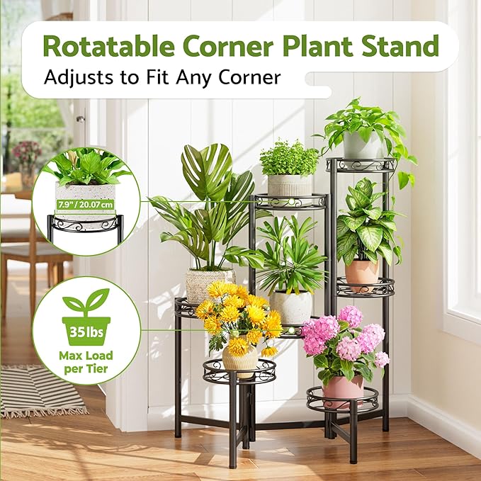 Metal Plant Stand Indoor Outdoor 7 Tier Multiple Flower Pot Holder Shelf Planter Display Shelving Unit for Patio Garden Corner Balcony Living Room Black Circle