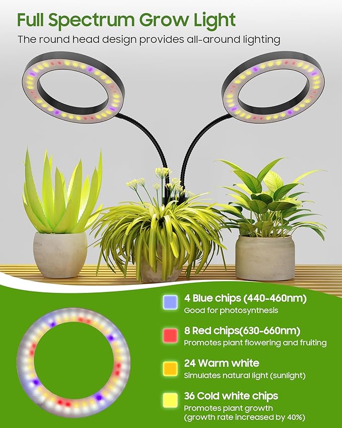Grow Lights for Indoor Plants Full Spectrum, LED Plant Light with Metal Base, Plant Growing Lamps with Timer 3/9/12H, 3 Color Modes, 6 Brightness Levels, 25-38'' Adjustable Height