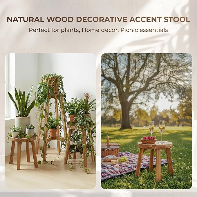 ARROWSTONE Round Stool Acacia Wood, 12" Height, 11" Round Top, Backless, Easy Assembly, Natural Wax Finish, Wooden Stool for Plant, Dining Room, Living Room, Garden, Makeup