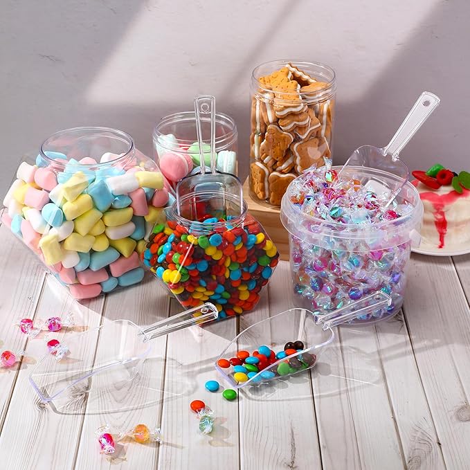Hestya 4 Pcs Multi Purpose Clear Plastic Scoops for Candy Buffet Acrylic Kitchen Ice Food Popcorn Scoops for Protein Powders, Ice Cream, Coffee, Tea Jar (7.8 Inch)