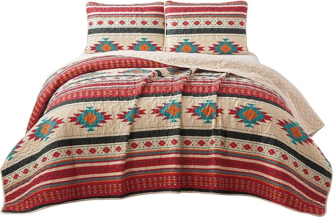 Chezmoi Collection 3-Piece Southwestern Geometric Tribal Quilt Set - Multicolor Cream Red Teal Orange Lightweight Quilted Bedspread Set, Queen (100" x 95")