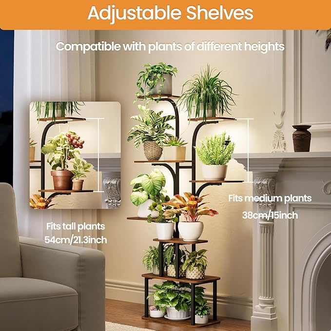 Tall Plant Stand with Grow Lights – 8 Tier 63" Metal and Wooden Indoor Flower Shelf Rack, Adjustable Large Corner Organizer for Living Room or Home Gardening Display