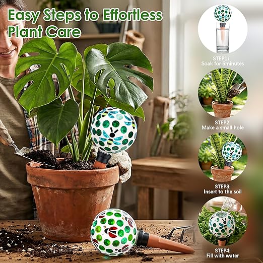 Terracotta Plant Watering Globes Mosaic Self Watering Spikes 2 Pack for Indoor Outdoor Plants Automatic Plant Waterer Plant Watering Devices for Garden Home Decor