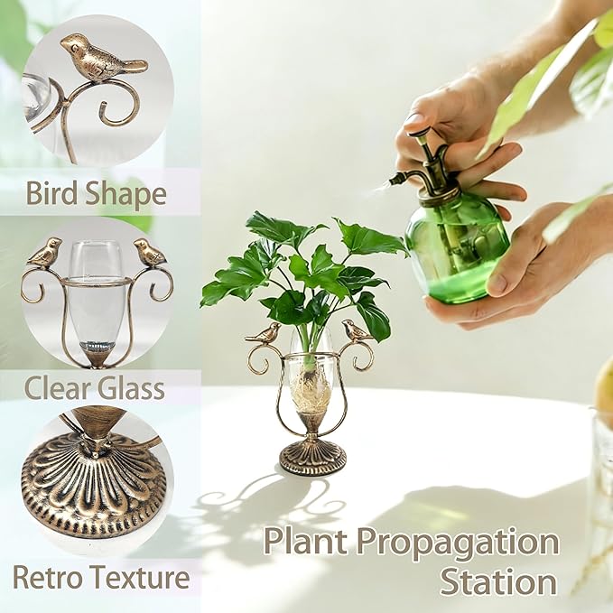 Glass Propagation Vases for Plants, Vintage Hydroponic Plant Propagation Station Terrarium, Retro Bird Gardening Gifts for Women Men Plant Lovers (Gold)
