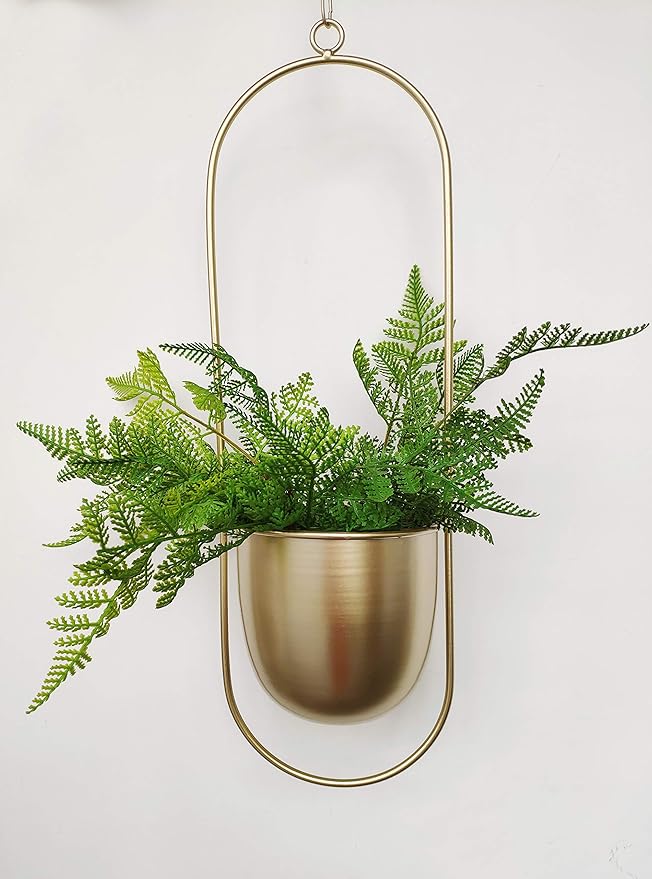 RISEON Boho gold Metal Plant Hanger,Metal Wall and Ceiling Hanging Planter, Modern Planter, Mid Century Flower Pot Plant Holder, Minimalist Planter for Indoor Outdoor Home Decor