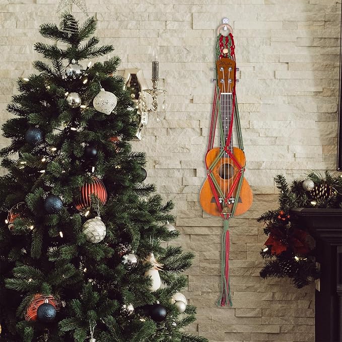 Macrame Ukulele Hanger Wall Mount for Christmas - Handwoven Holder for Soprano Ukulele, Boho Wall Decor, Natural Cotton Rope with Protective Padding