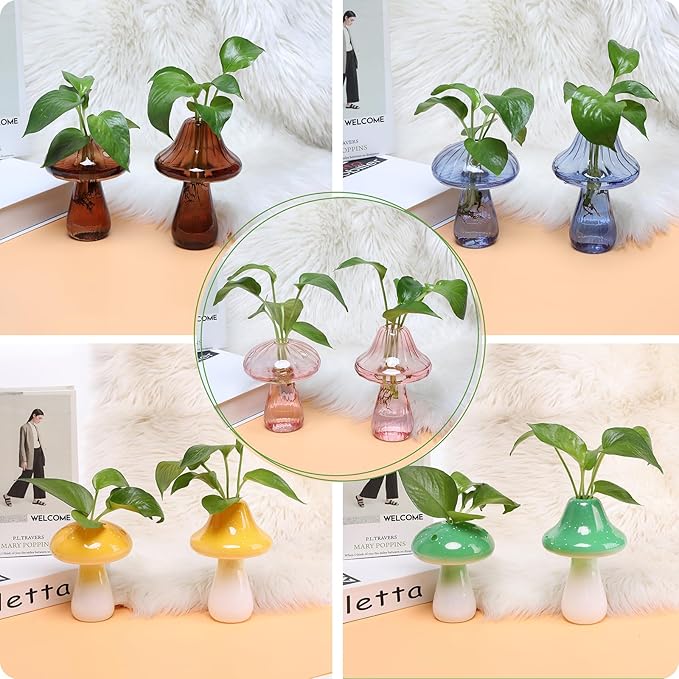 Mushroom Glass Vase Propagation Stations Flower Vases Home Decor Mushroom Planter Cute Vases Garden Decoration Set of 2