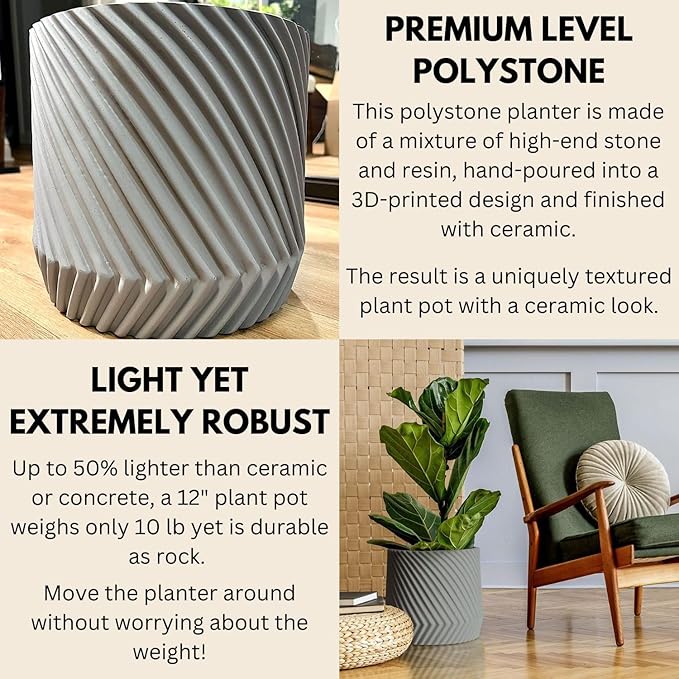 Fox & Fern Large 12 Inch Planter — Premium Polystone Gray Plant Pot with 3D Texture and Drainage Plug - 12 Inch Pots for Plants Indoor - Large Planter for Indoor & Outdoor Plants
