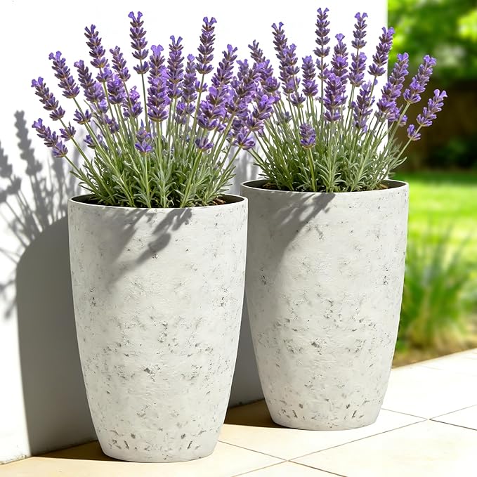 Autodaya 19.5" Resin Tall Planters for Outdoor Plants, Set of 2 Country White Large Flower Pots with Handmade Birch Bark Texture, Heavy-Duty and Weather-Resistant for Year Round Indoor Outdoor use