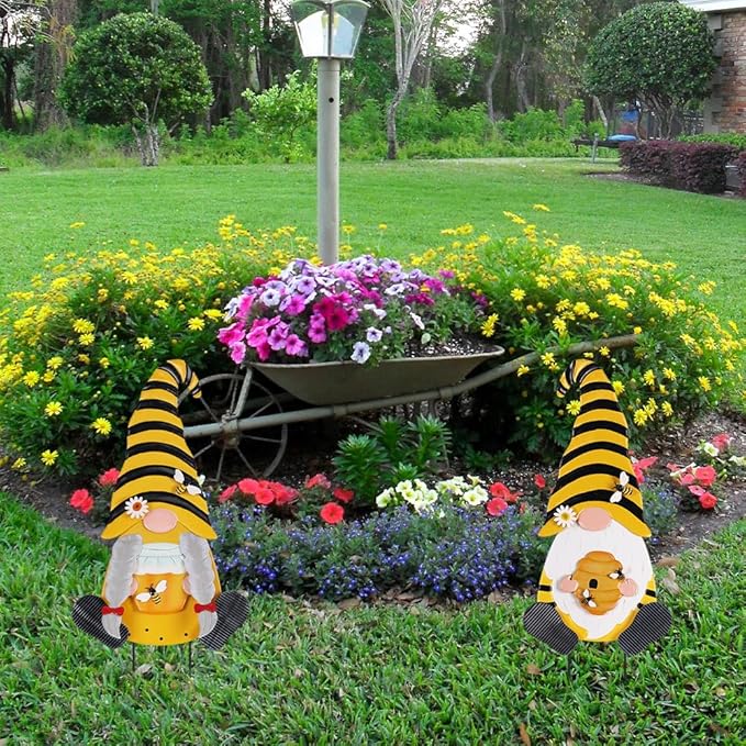 YEAHOME Metal Gnome Decorative Garden Stakes, 2 Pcs Outdoor Garden Decor with Honeybee Ornament Spring Decorations Yard Art Stakes for Indoor Outdoor Patio Lawn (Yellow & Orange)
