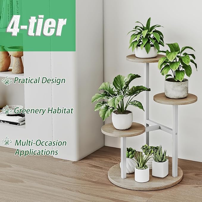 INGIORDAR Plant Stand Indoor Outdoor Corner Plant Shelf for Multiple Flower Pots Flower Stand Holder for Patio Garden Balcony Living Room (White+Sonoma Oak, 4 Tier)
