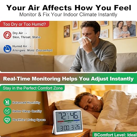 Digital Hygrometer Indoor Thermometer, Clock with Temp & Humidity, Temp Gauge with Comfort Indicator, Wall/Magnetic/Desk Alarm Clock for Bedroom, Baby Room, Office, Kitchen, Garage (White)