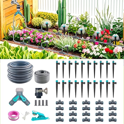 Drip Irrigation System 99FT, Complete Automatic Drip Irrigation Kit with Quick Connector, Garden Watering System for Potted Plants with 12mm 6mm Irrigation Tubing Adjustable Emitters for Garden