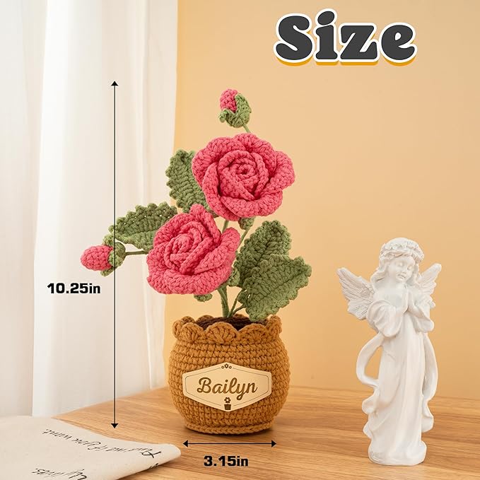 Crochet Flowers with Personalized Leather Name Tag Handmade Knitted Flowers for Home Office Desk Decor Crochet Rose Flower Potted Plant Crochet Gift for Women,Mom,Teacher, Birthday(Pink)
