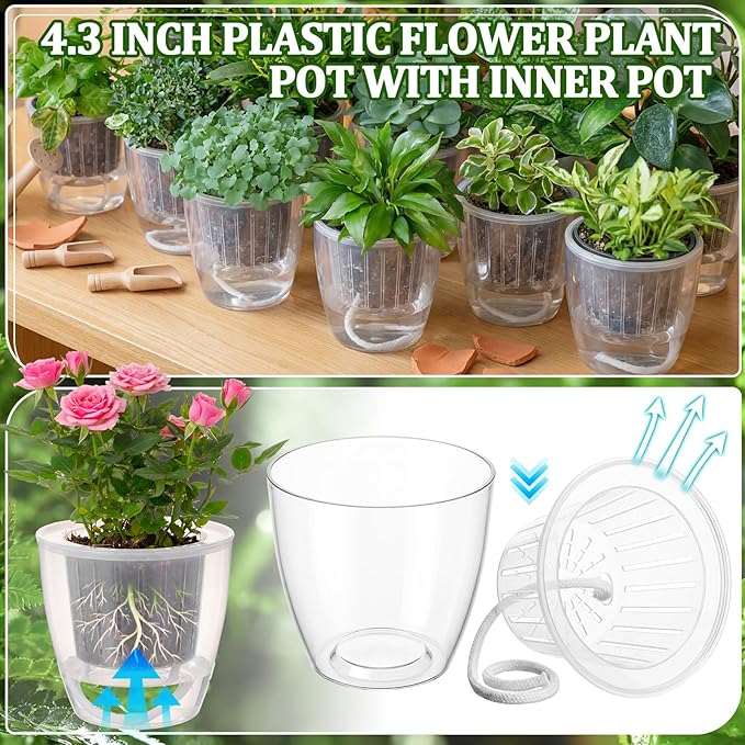 36pcs Self Watering Pots 4.3 Inch Plastic Flower Plant Pot with Inner Pot Self Watering Wick Planter White Clear Flower Pots for Indoor House Plants Herbs, Flowers, Succulents (Transparent)