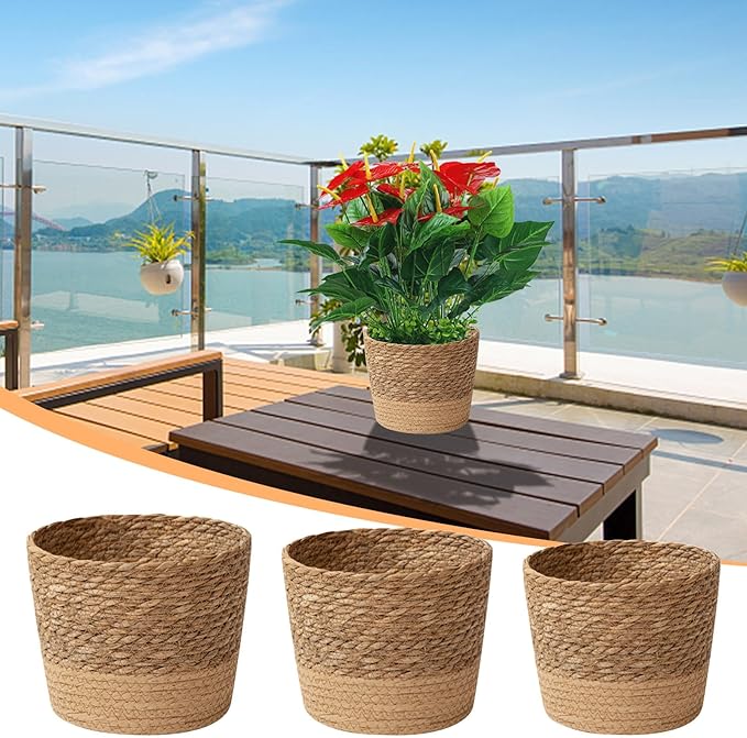 Jute Rope Plant Basket Indoor Modern Woven Flower Pot Basket Seagrass Storage Organizer Planter Rustic Decorative Plant Containers Cover Laundry Bin for Porch Living Room Entryway (6.88×6.88×4.72Inch)