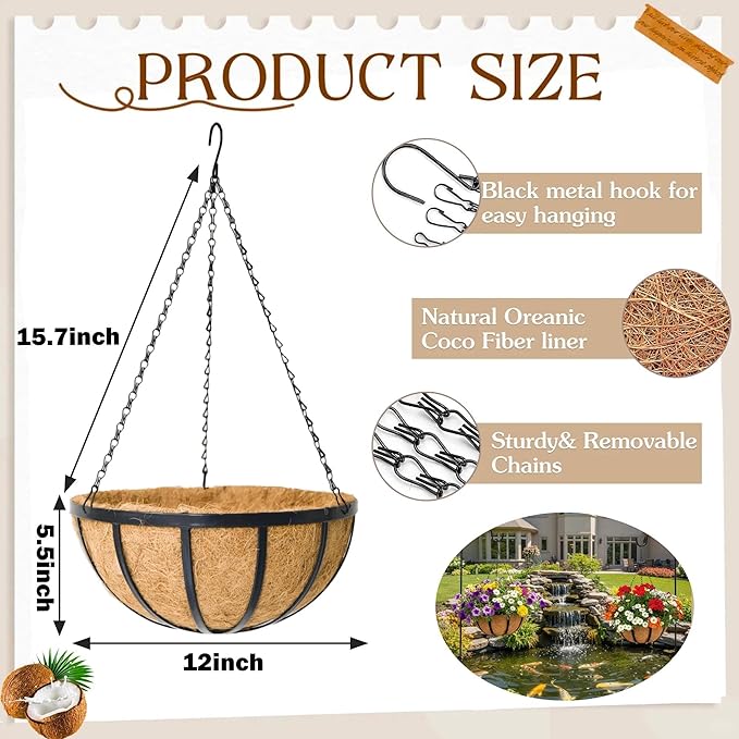 2 Pack 12 inch Metal Hanging Planters Basket Set Round Wire Plant Holder with Coco Fiber Liners Chain Indoor Outdoor Hanging Baskets for Garden Balcony Patio Deck Porch Vegetables Flower Plants