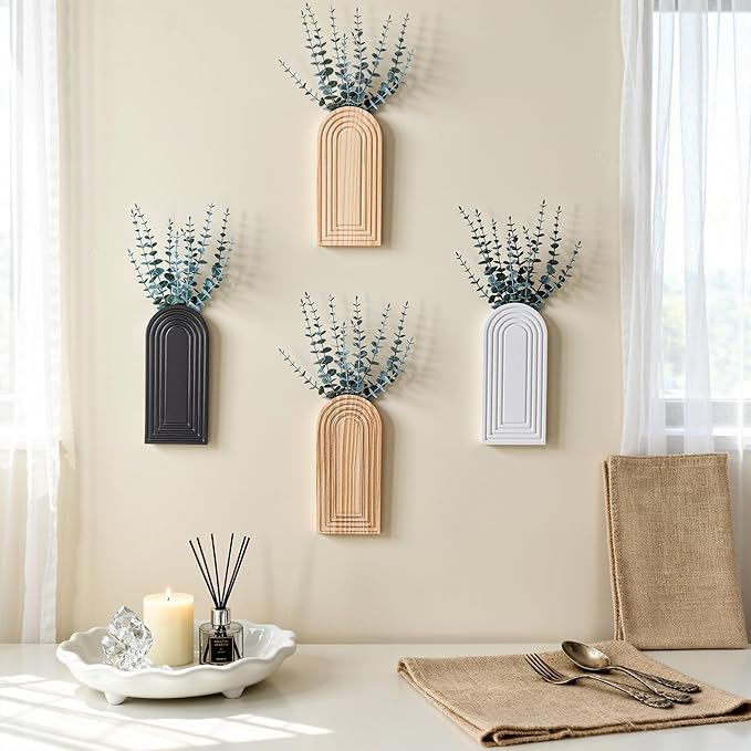 DREAMLOOM 2 Pack Wooden Wall Vases with Eucalyptus Artificial Plants, Wall Hanging Planters Boho Modern Farmhouse Indoor for Narrow Spaces Entryway Bathroom Home Office Decoration, Retro