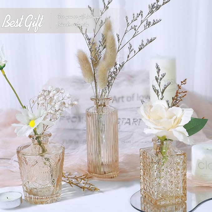 TBWIND Glass Bud Vase Set of 24, Small Amber Flower Vases for Centerpieces in Bulk, Mini Vintage Vase for Wedding Decor, and Home Table Décor